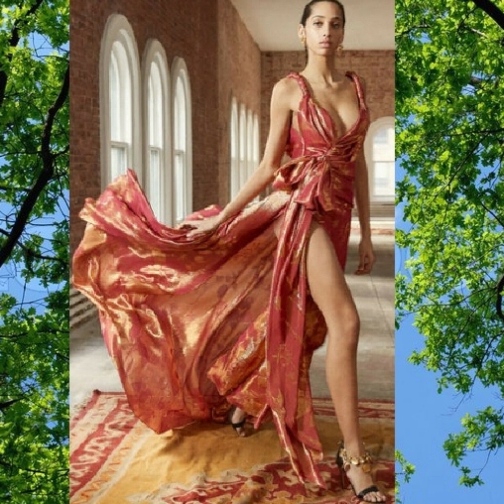 ♡$8,000 NEW OSCAR DE LA RENTA CORAL GOLD SILK RUNW GOWN 0 XS
